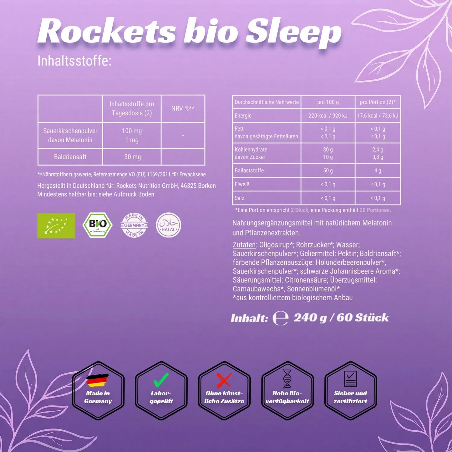 Bio Sleep Fruchtgummi | Melatonin & Baldriansaft für schnelleres Einschlafen | Sauerkirschenpulver für Entspannung | Vegan & Glutenfrei | Vorrat für 1 Monat