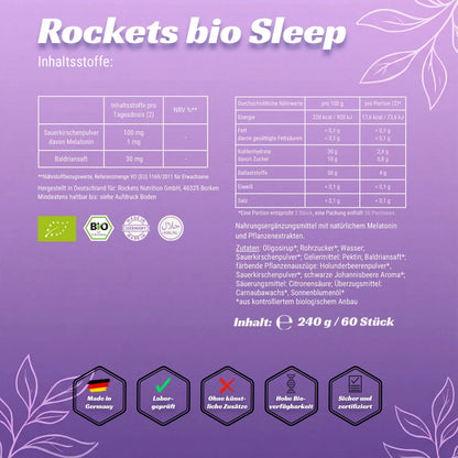 Bio Sleep Fruchtgummi | Melatonin & Baldriansaft für schnelleres Einschlafen | Sauerkirschenpulver für Entspannung | Vegan & Glutenfrei | Vorrat für 1 Monat