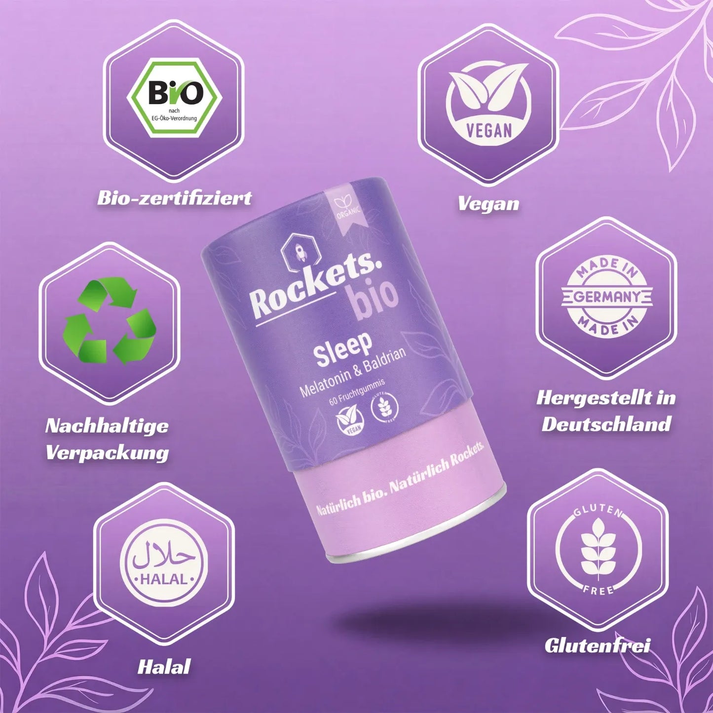 Bio Sleep Fruchtgummi | Melatonin & Baldriansaft für schnelleres Einschlafen | Sauerkirschenpulver für Entspannung | Vegan & Glutenfrei | Vorrat für 1 Monat