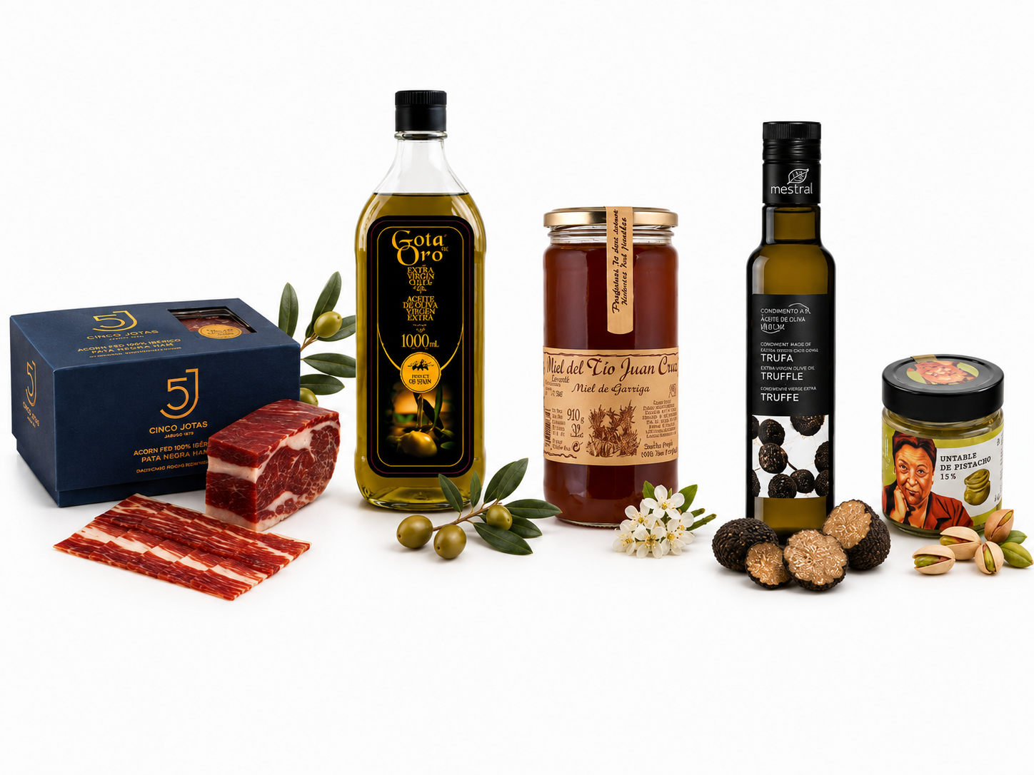 Spanisches Premium-Genuss-Set mit Cinco Jotas Schinkenwürfel, Olivenöl, Wildkräuterhonig und Pistaziencreme