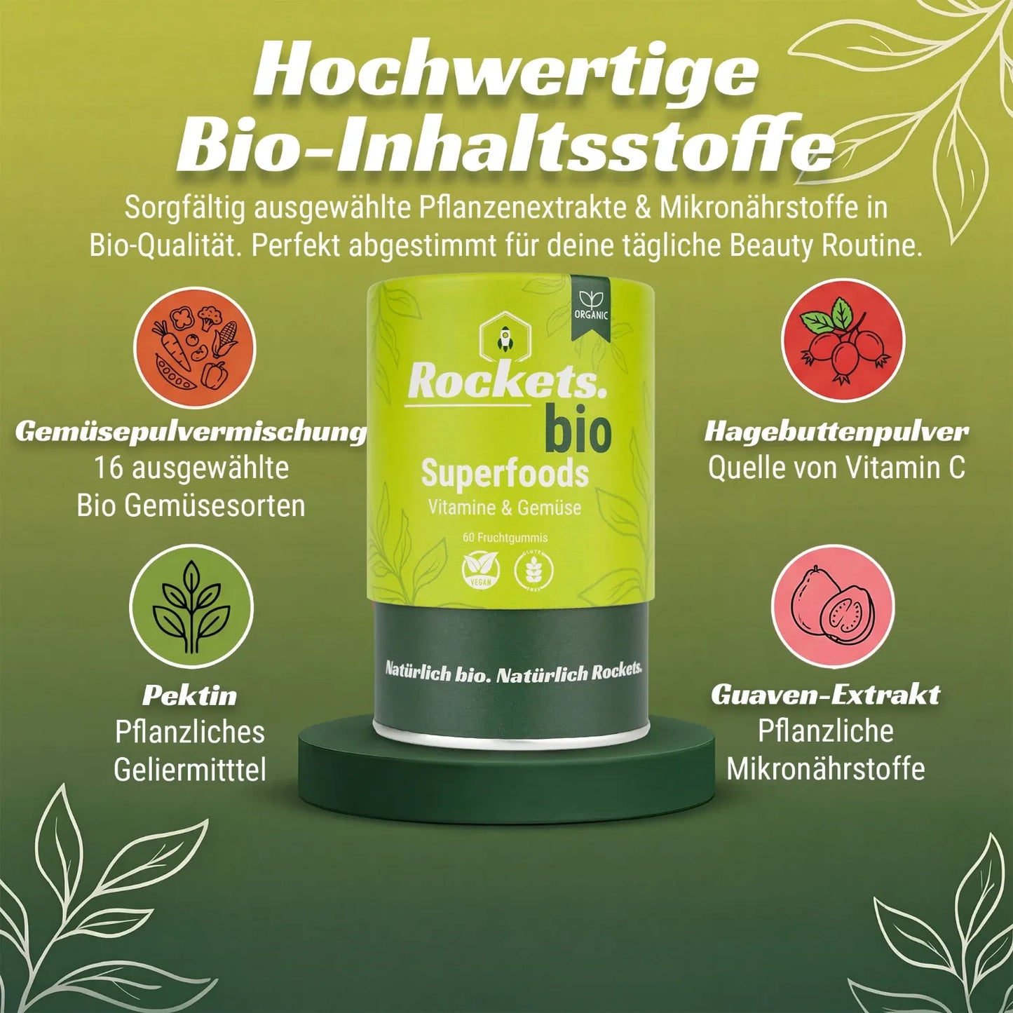 Bio Superfoods Fruchtgummis | 16 Bio-Gemüsesorten als Pulvermix | Vitamin C aus Hagebutte, Zink aus Guave, Folsäure aus Zitronen-Extrakt zur Stärkung des Immunsystems | Vegan & Glutenfrei | Vorrat für 1 Monat