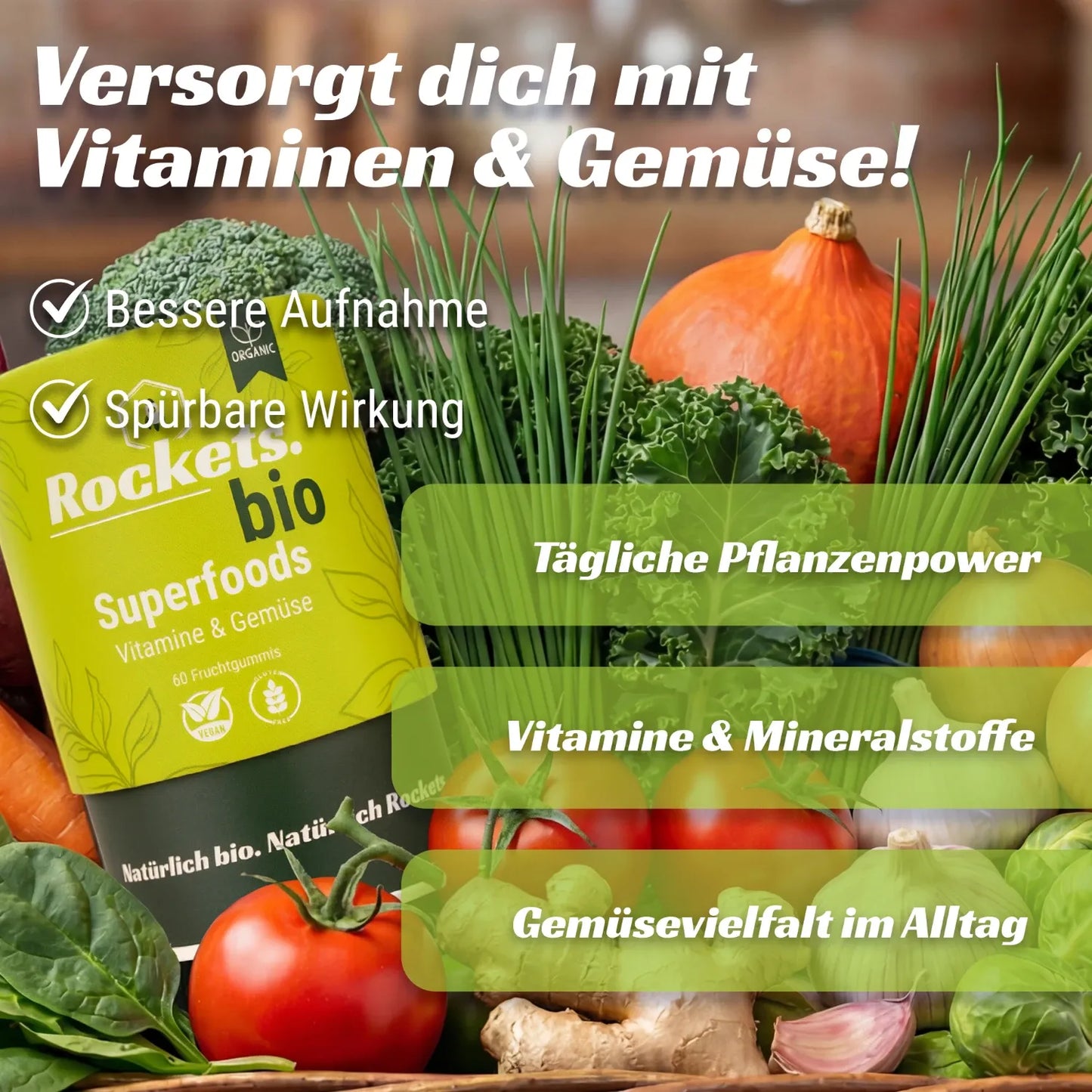 Bio Superfoods Fruchtgummis | 16 Bio-Gemüsesorten als Pulvermix | Vitamin C aus Hagebutte, Zink aus Guave, Folsäure aus Zitronen-Extrakt zur Stärkung des Immunsystems | Vegan & Glutenfrei | Vorrat für 1 Monat