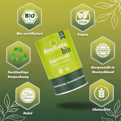 Bio Superfoods Fruchtgummis | 16 Bio-Gemüsesorten als Pulvermix | Vitamin C aus Hagebutte, Zink aus Guave, Folsäure aus Zitronen-Extrakt zur Stärkung des Immunsystems | Vegan & Glutenfrei | Vorrat für 1 Monat