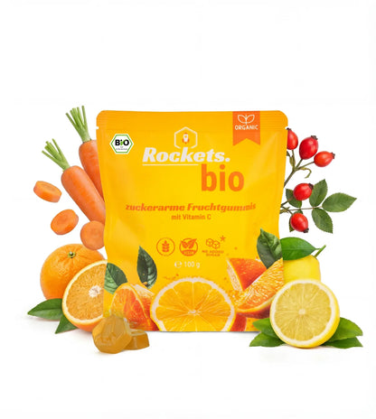 Bio Vitamin C Fruchtgummi | 75% der empfohlenen Tagesdosis | Zuckerarm | Vegan | 4 x 100g Set