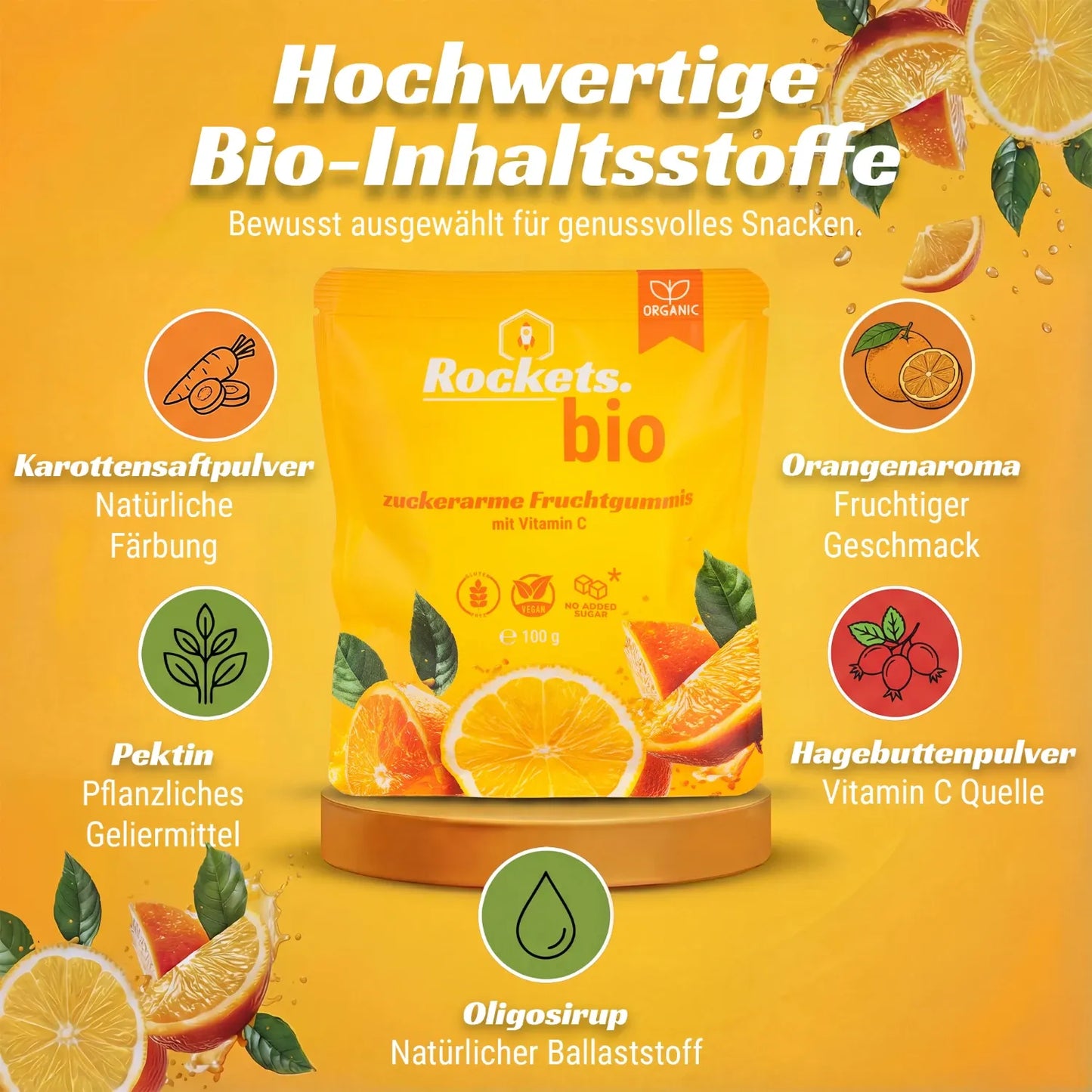 Bio Vitamin C Fruchtgummi | 75% der empfohlenen Tagesdosis | Zuckerarm | Vegan | 4 x 100g Set