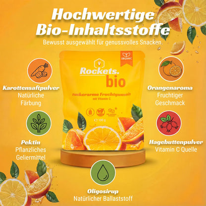 Bio Vitamin C Fruchtgummi | 75% der empfohlenen Tagesdosis | Zuckerarm | Vegan | 4 x 100g Set