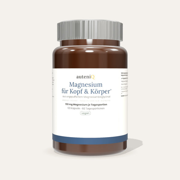 Magnesium für Kopf & Körper | 150 mg Magnesium aus ungepuffertem Bisglycinat | vegan | 120 Kapseln