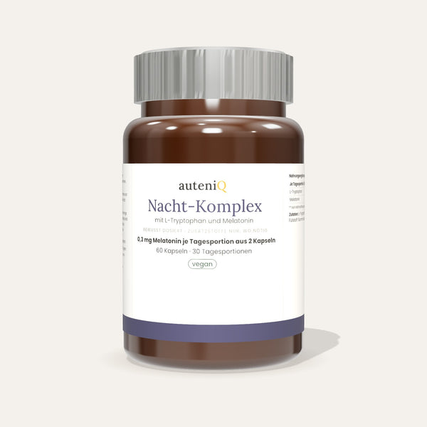 Nacht-Komplex | 1.000 mg L-Tryptophan + 0,3 mg Melatonin | bewusst niedrig dosiert | vegan | 60 Kapseln