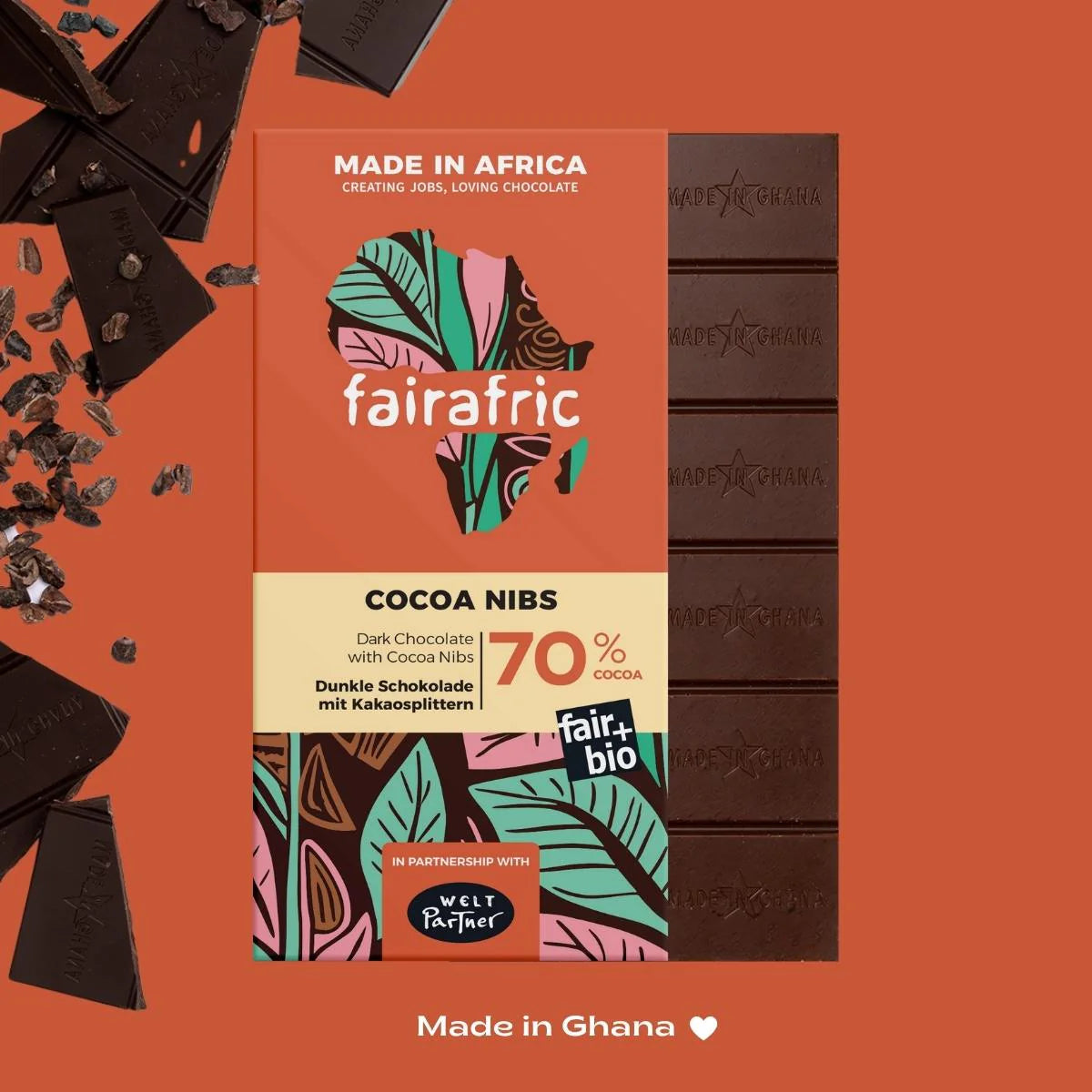 Bunte Bio-Schokoladen Auswahl von fairafric | Fair produziert in Ghana | 4 vegane Schokoladentafeln von cremig bis extra intensiv