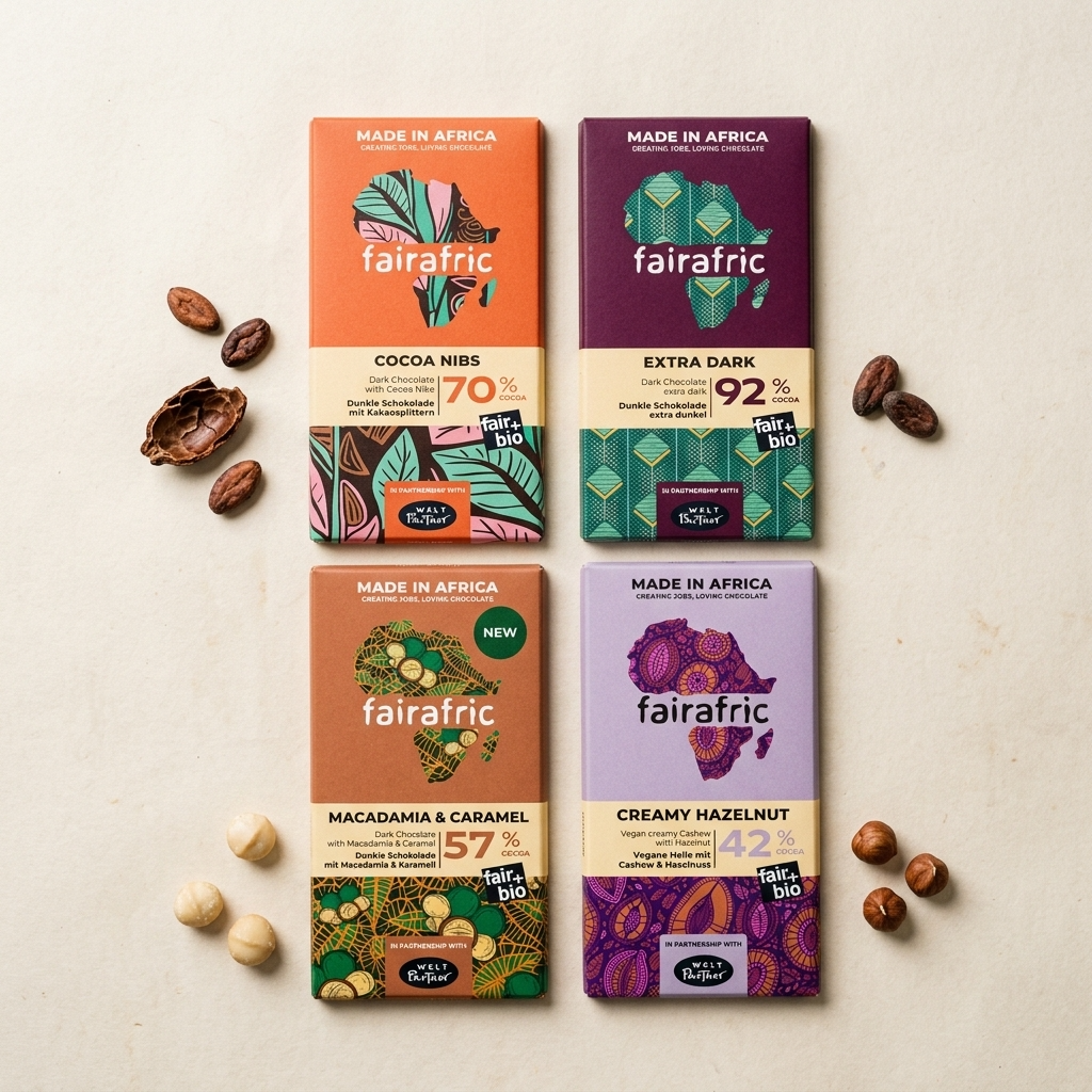 Bunte Bio-Schokoladen Auswahl von fairafric | Fair produziert in Ghana | 4 vegane Schokoladentafeln von cremig bis extra intensiv