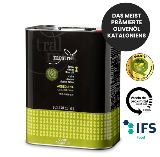 Katalanische Spitzenqualität: Premium-Olivenöl nativ extra Mestral Arbequina Ernte 2025 | Aromaschonend extrahiert | Polyphenolreich | 3 L