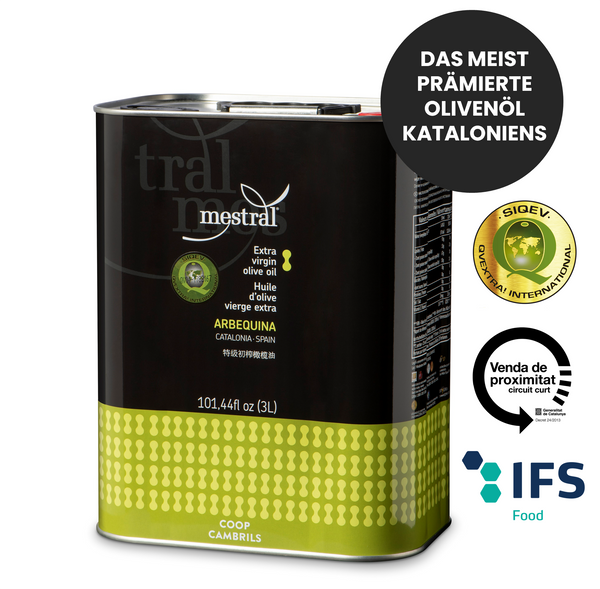 Top Catalan quality: Premium extra virgin olive oil Mestral Arbequina | New harvest 12/2025 | Aroma-preserving extraction | Rich in polyphenols | 3 L