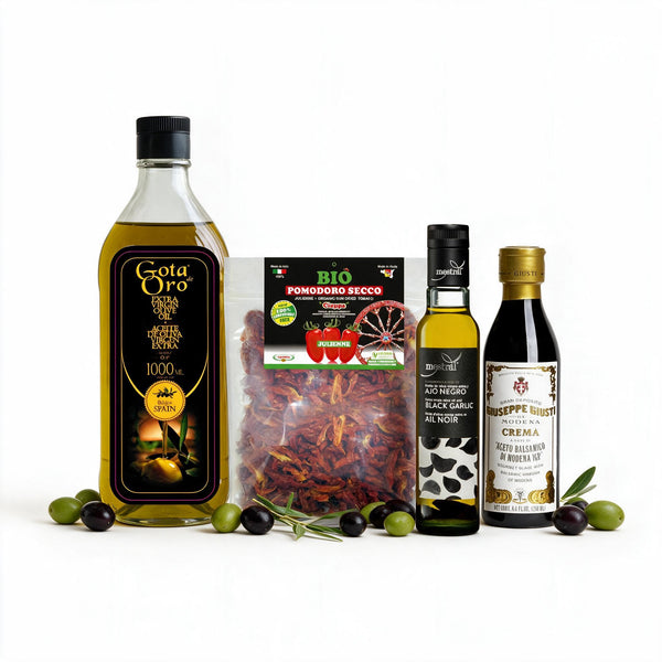 Mittelmeervergnügen | Für Salat & Antipasti | Gota de Oro 1 L + Tomatenstreifen + Knoblauch-Würzöl + Essigcreme