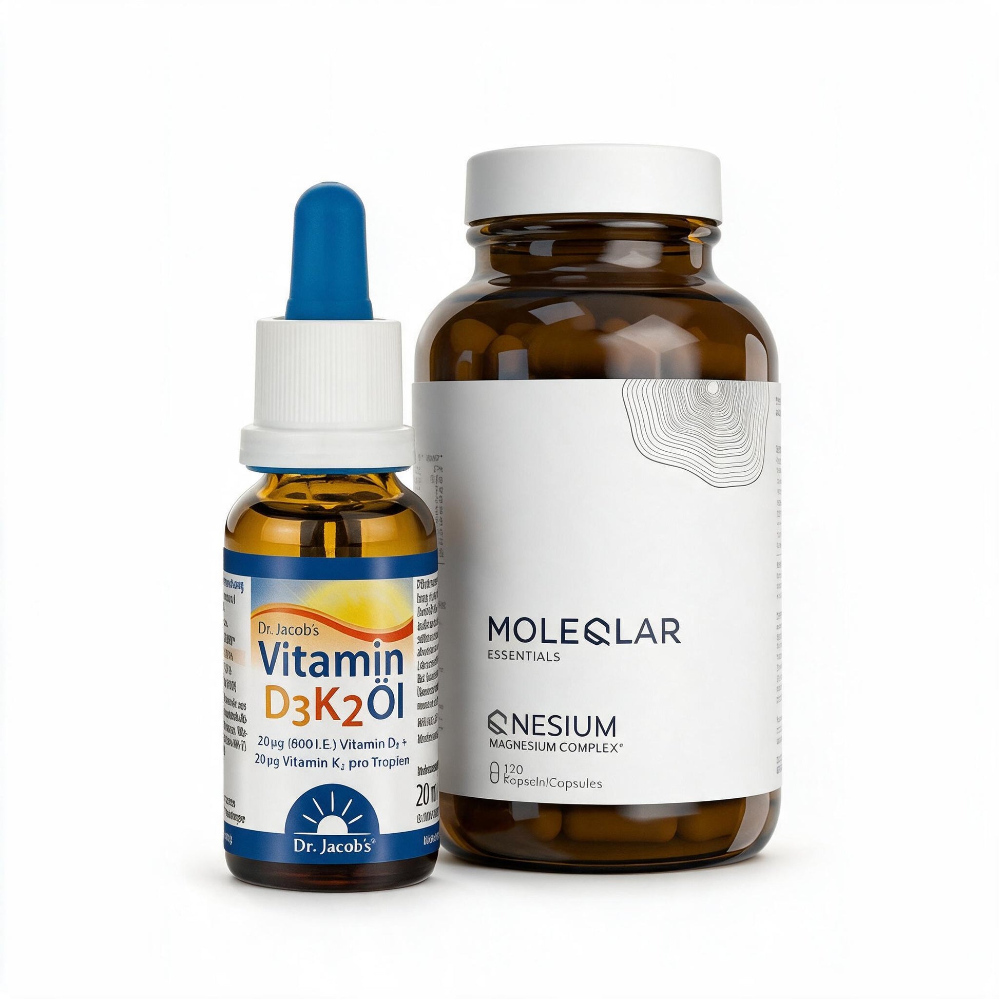 Basis-Duo – Vitamin D3K2 und Magnesium-Komplex auf weißem Hintergrund