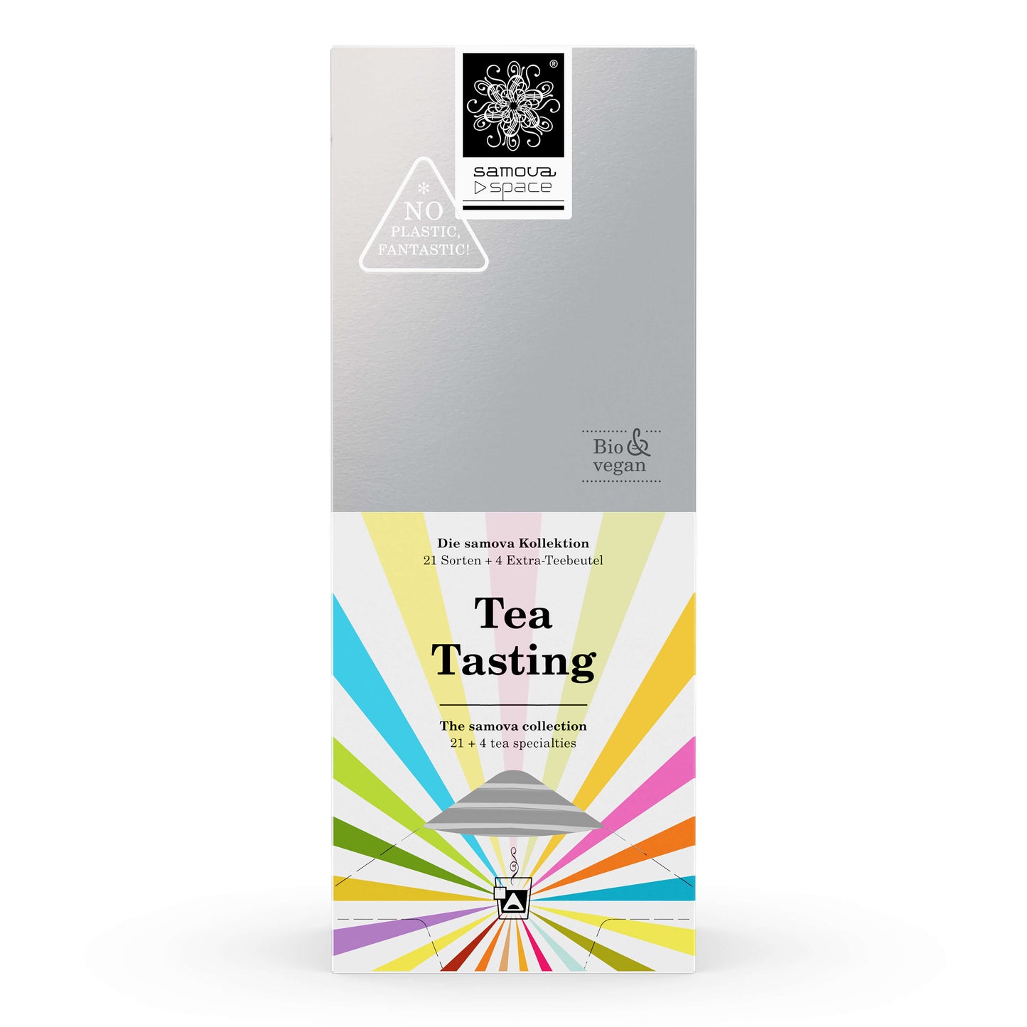 samova Tea Tasting Space – Probier-Box mit 25 Pyramiden-Teebeuteln, Verpackung Vorderseite